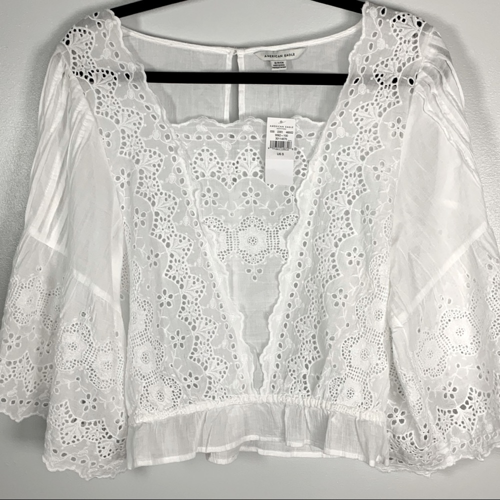 American Eagle White Eyelet Boho Wide Sleeve Top